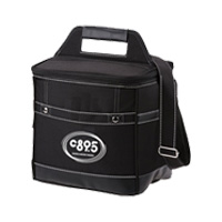 Image of a black, fabric drink cooler with carry handle and shoulder strap and c89.5 logo on front