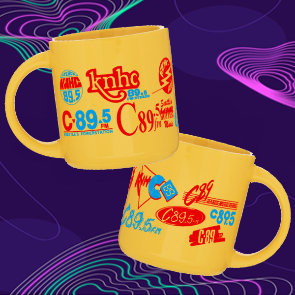 Ceramic mug with 11 logos wrapped around sides;